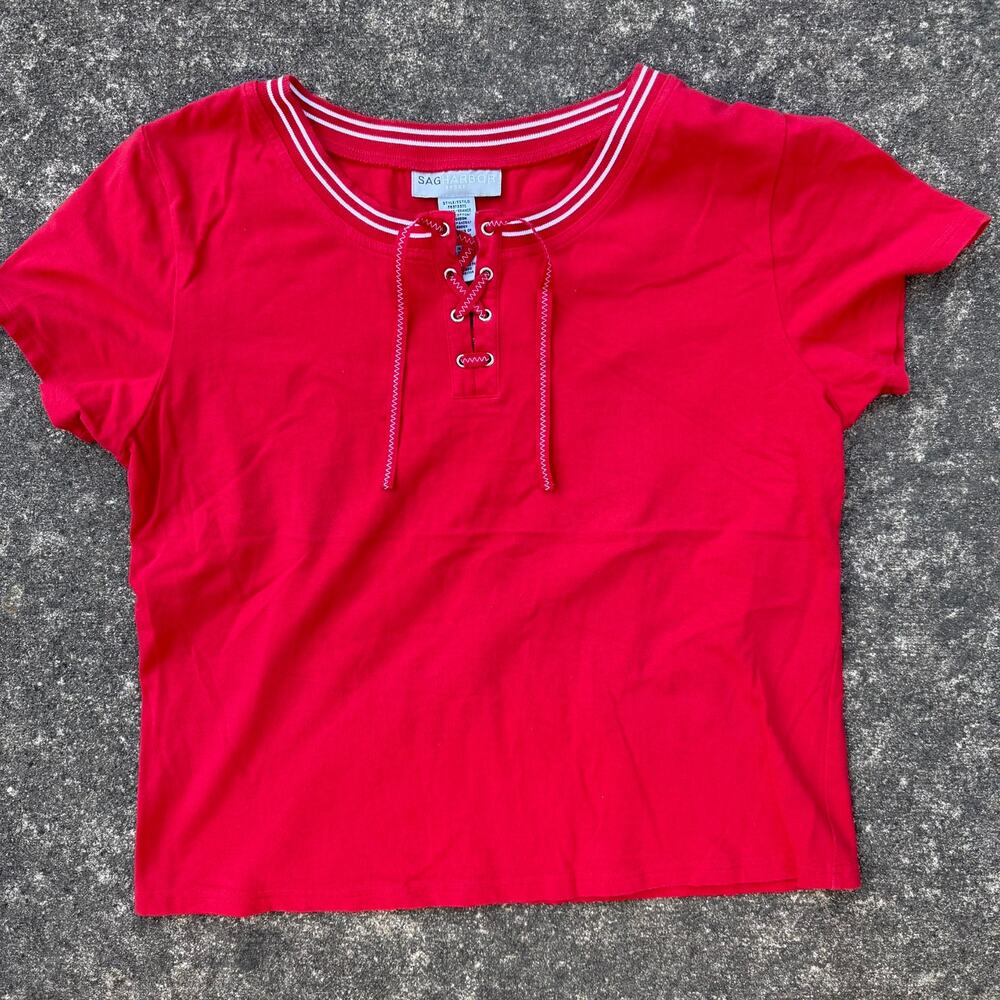 Sag Harbor Shirt Lace Up Nautical 90s Women Size Large Red Short Sleeve Tee Top